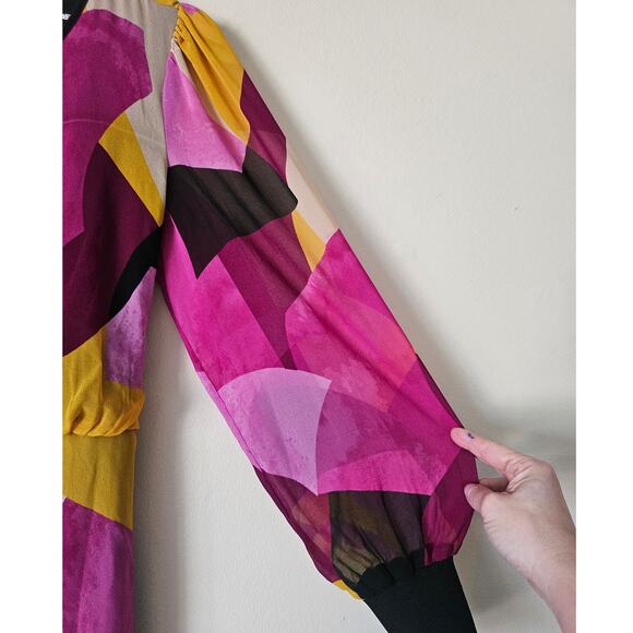 Karl Lagerfeld Paris Geo-Print Chiffon Dress Size 14 Belted Long Sleeve
